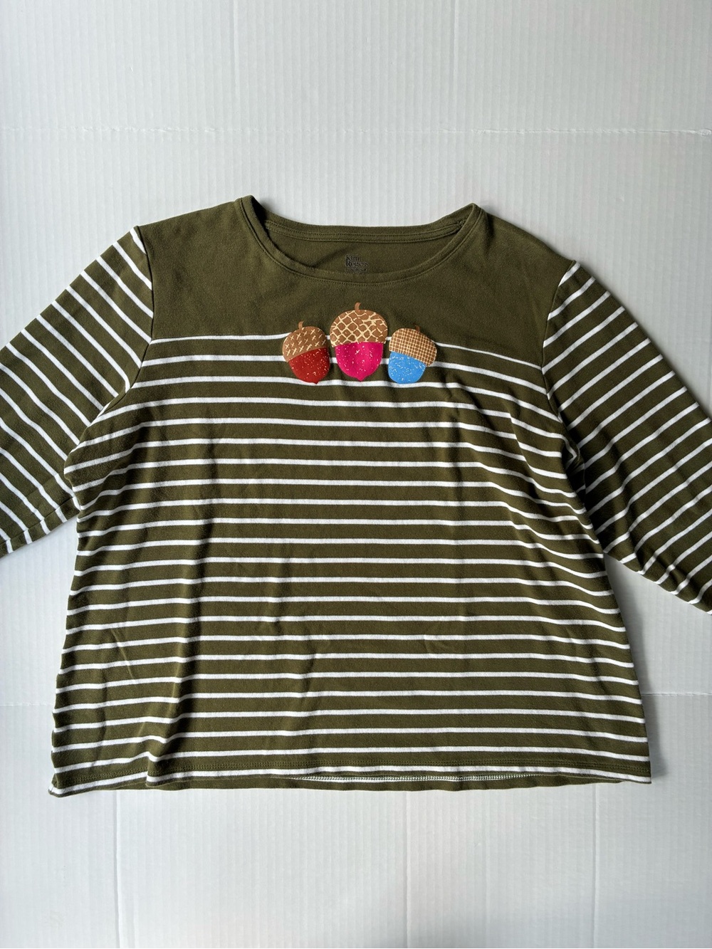 Kim Rogers 3/4 sleeve blouse, acorns, green and white stripes, size XL